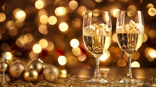  Two champagne glasses on a table, before a Christmas tree adorned with lights and ornaments A golden bauble of lights forms the background