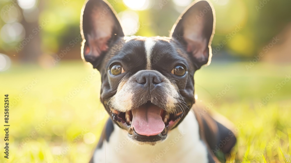  A small black and white dog lies on the grassy field with its tongue hanging out