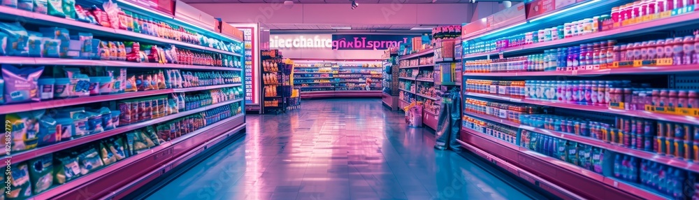 A Brightly lit pink aisle of a grocery store