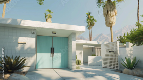 Retro MCM architecture of Palm Springs white house aqua blue front door midcentury modern summer desert real estate minimalist beach home iconic suburban landscape palm trees agave cactus sun garden 