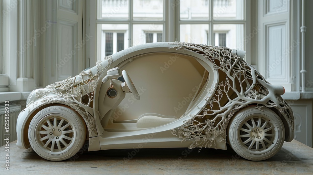 Naklejka premium Exquisite paper cut style of an eco-friendly EV car, adorned with nature-inspired motifs and intricate cuts