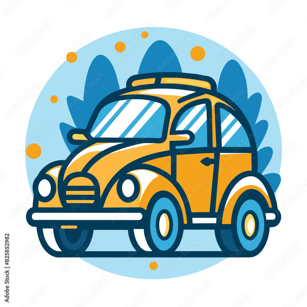 Naklejka premium Yellow Vintage Car with Blue Background and Abstract Shapes