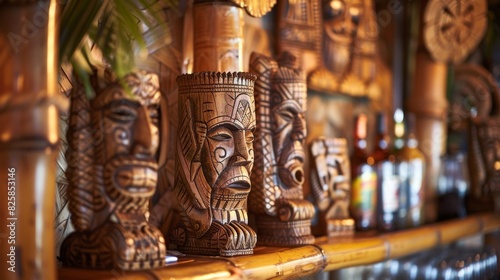 Wooden tikis tiki masks and bamboo accents create an authentic island atmosphere at this bustling tiki bar.
