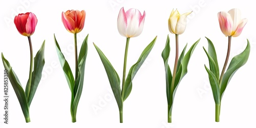 A collection of twig vernal tulip blooms separated by white space.