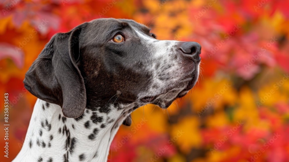 A Dalmatian dog, black and white spotted, gazes upwards against a vivid backdrop of various fall foliage Leaves in shades of red, orange, yellow, A Dalmatian dog, black and white spotted, gazes upwards against a vivid backdrop of various fall foliage Leaves in shades of red, orange, yellow,