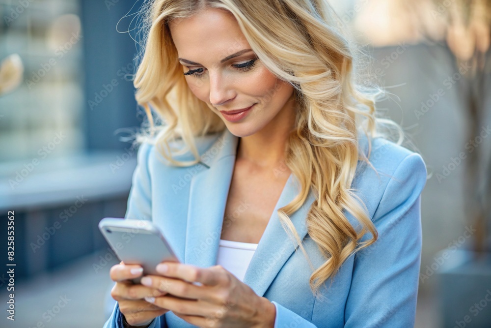 A blonde businesswoman with curly hair. She is dressed in a casual blue jacket. In the hands of a smartphone. A businesswoman looks at her mobile phone. A blonde businesswoman with curly hair. She is dressed in a casual blue jacket. In the hands of a smartphone. A businesswoman looks at her mobile phone.