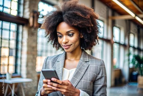 A businesslike dark-skinned African-American woman with curly hair. She is dressed in a casual jacket. In the hands of a smartphone. A businesswoman looks at her mobile phone. photo