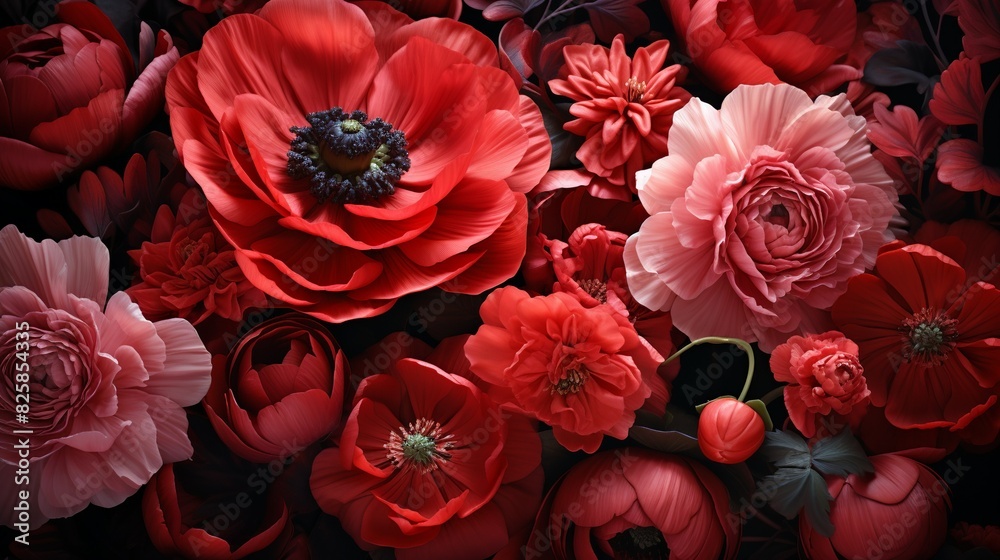A striking red flower background with dramatic roses and anemones, contrasted against a dark, moody backdrop, perfect for bold and romantic designs.