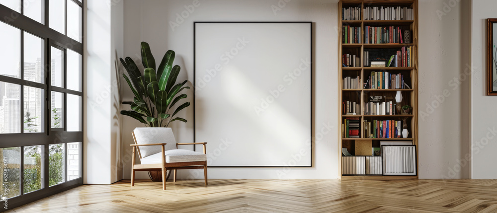 Scandinavian home interior with a white empty wall, wooden floors, minimalist bookshelf, armchair, and large window Scandinavian home interior with a white empty wall, wooden floors, minimalist bookshelf, armchair, and large window