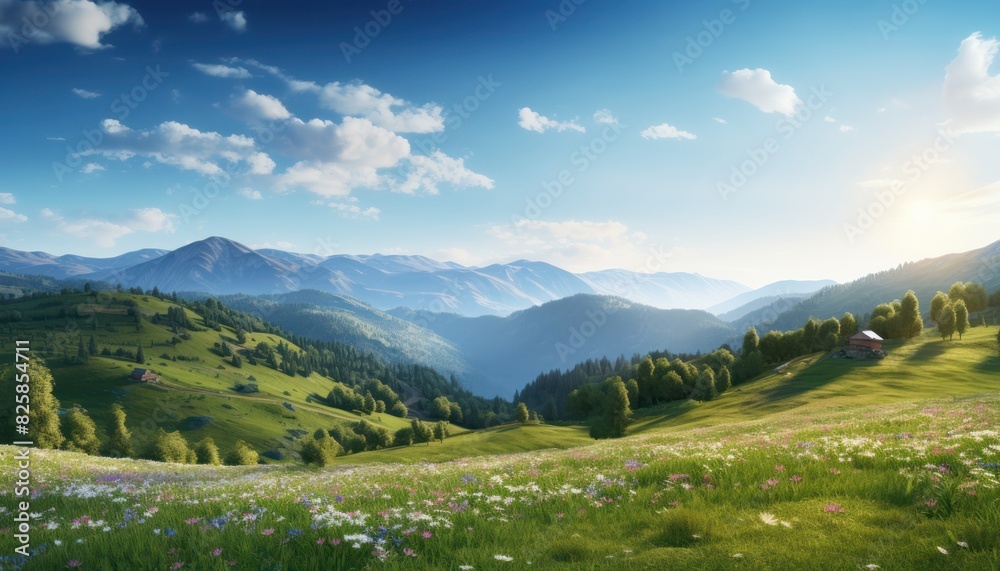 Obraz premium A stunning spring day landscaping views of fertile land surrounded beautiful green vegetation, wide stretches of hills and mountains with clear skies in spring