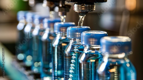 Automated production line filling blue plastic bottles with liquid