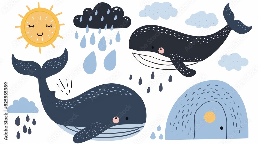 Fototapeta premium Cute cartoon sea life image with whales, sun, and clouds