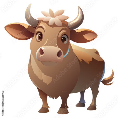 A lovable cartoon cow with a gentle expression, large eyes, small horns, and a rounded body, standing on short legs, embodying a friendly and approachable personality.