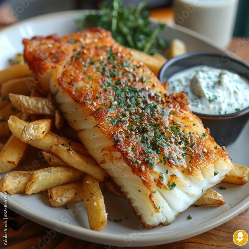 a plate of fried fish fillet infused with herbs served with a load of fries and tartar sauce