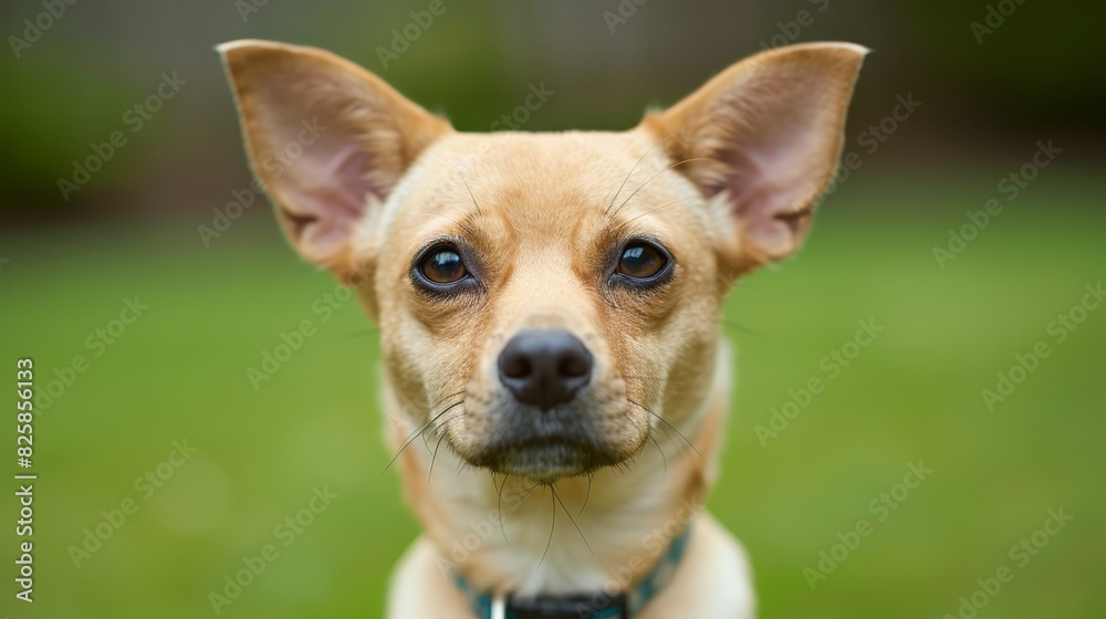  A small brown dog stands atop a lush, green grass-covered field Behind and to the side, two more expanses of green grass stretch out A smaller dog gazes at