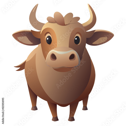 A lovable cartoon cow with a gentle expression, large eyes, small horns, and a rounded body, standing on short legs, embodying a friendly and approachable personality.