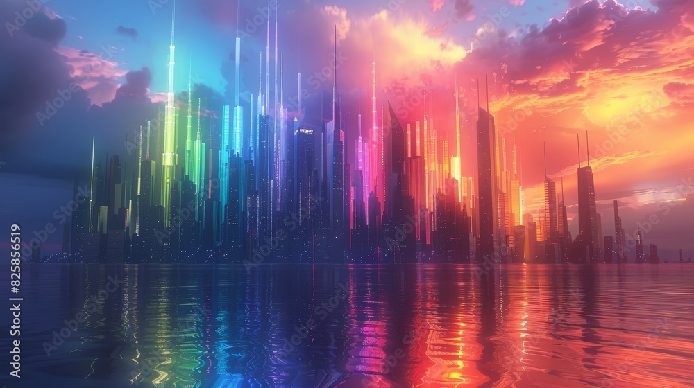 Obraz premium Pride hope future depicted in a futuristic city skyline with rainbow-colored lights and buildings representing a vision of an inclusive and diverse society