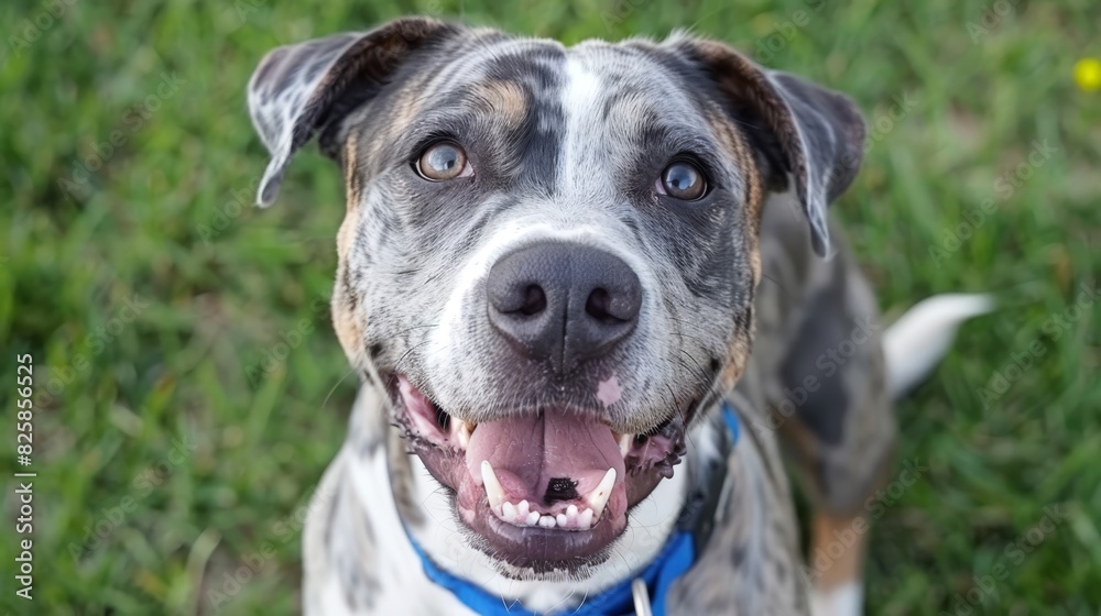 A close-up of a dog in the grassy field, tongue out, with its mouth open and tongue hanging down A close-up of a dog in the grassy field, tongue out, with its mouth open and tongue hanging down