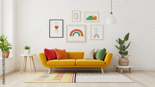 Inclusive Scandinavian Pride: Modern Living Room with Curved Loveseat Sofa, LGBTQ Symbols, and Rainbow Accent Against White Wall
