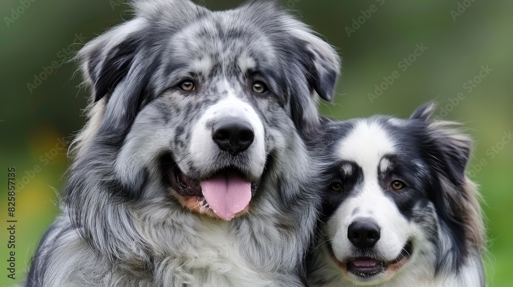 Two dogs, standing side by side, atop a lush grass field Behind them, an expanse of verdant greenery - the background Flowers of bright yellow bloom Two dogs, standing side by side, atop a lush grass field Behind them, an expanse of verdant greenery - the background Flowers of bright yellow bloom