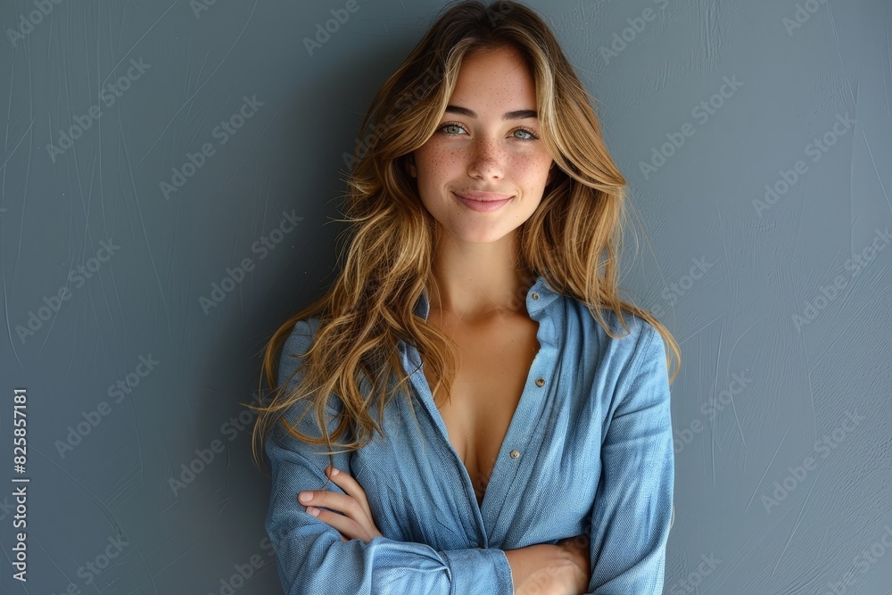 Confident young woman with wavy hair in blue shirt, arms crossed Confident young woman with wavy hair in blue shirt, arms crossed