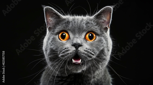 A startled gray British Shorthair cat, mouth agape and eyes wide orange. photo