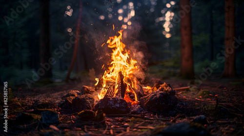 High Resolution Photo Realistic Image: Campfire in Forest Clearing Capturing Warmth Camaraderie Camping Backpacking Trip Glossy Backdrop Adobe Stock
