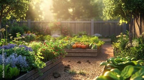 A beautiful backyard vegetable garden with raised beds, filled with various plants and vegetables, bathed in warm, golden sunlight.