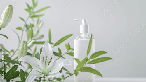 A refined product mockup featuring an eco cosmetic bottle with text space, adorned with green leaves and white lilies in front © otter2