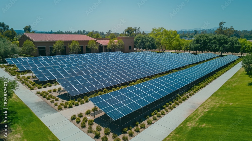 A large solar farm with multiple rows of solar panels in a landscaped area with greenery and pathways, showcasing sustainable energy efforts. A large solar farm with multiple rows of solar panels in a landscaped area with greenery and pathways, showcasing sustainable energy efforts.