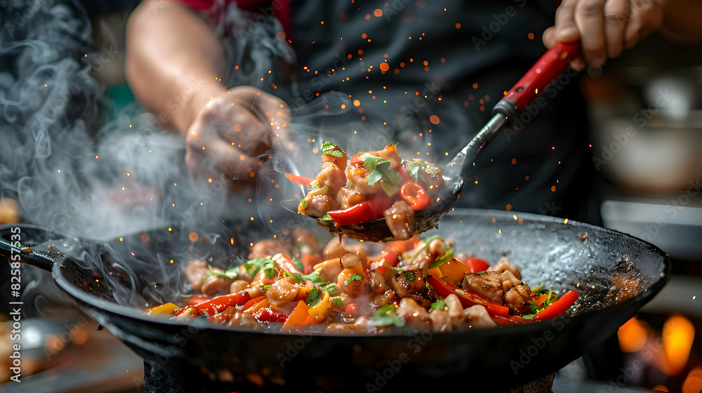 Photo realistic Chef preparing street food concept: High resolution image of a street food chef showcasing skill and artistry in food tours with glossy backdrop Photo realistic Chef preparing street food concept: High resolution image of a street food chef showcasing skill and artistry in food tours with glossy backdrop
