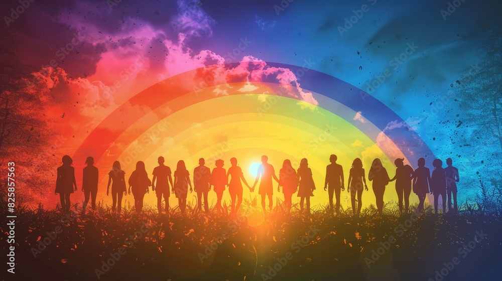 Silhouettes of people of various ethnicities and orientations standing together under a rainbow arch symbolizing inclusivity unity and equality Silhouettes of people of various ethnicities and orientations standing together under a rainbow arch symbolizing inclusivity unity and equality