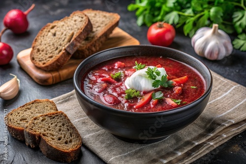 Traditional Ukrainian and Russian borscht in a stylish ceramic plate with herbs, sour cream and garlic. Beetroot borscht with parsley, coriander and bacon with black bread.