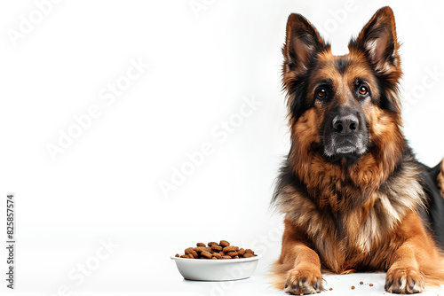 a dog with food beside him on a white background