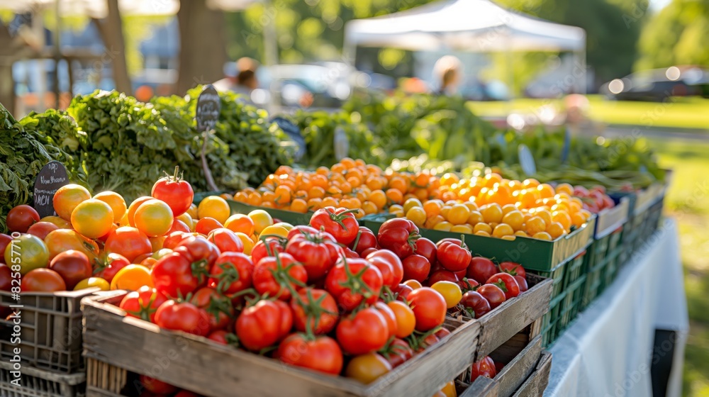 Crates of fresh tomatoes and other produce at an outdoor market, showcasing vibrant colors and a variety of vegetables in a sunny, lively setting. Crates of fresh tomatoes and other produce at an outdoor market, showcasing vibrant colors and a variety of vegetables in a sunny, lively setting.