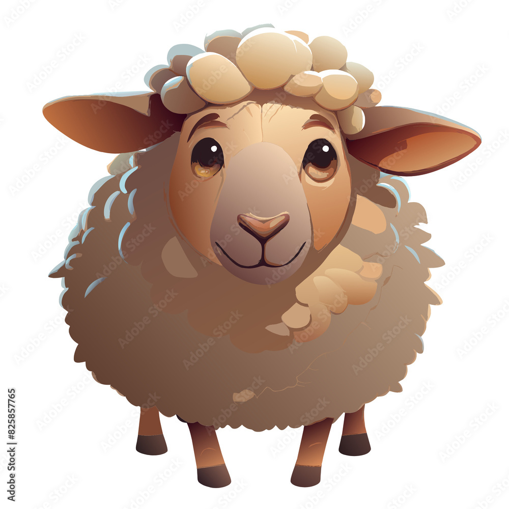 Fototapeta premium A cute cartoon sheep with a fluffy wool coat, big eyes, and a gentle smile, standing on its short legs, conveying a sense of innocence and friendliness.