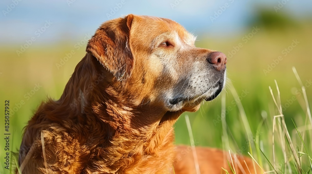  A tight shot of a poised dog gazing into the distance against a backdrop of a vast, blue sky The foreground showcases an expansive, lush, green grass field
