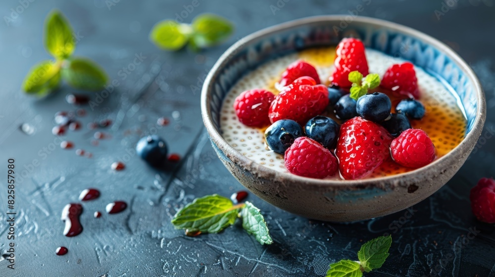 A bowl of creamy coconut chia pudding topped with fresh berries and a drizzle of honey. A bowl of creamy coconut chia pudding topped with fresh berries and a drizzle of honey.