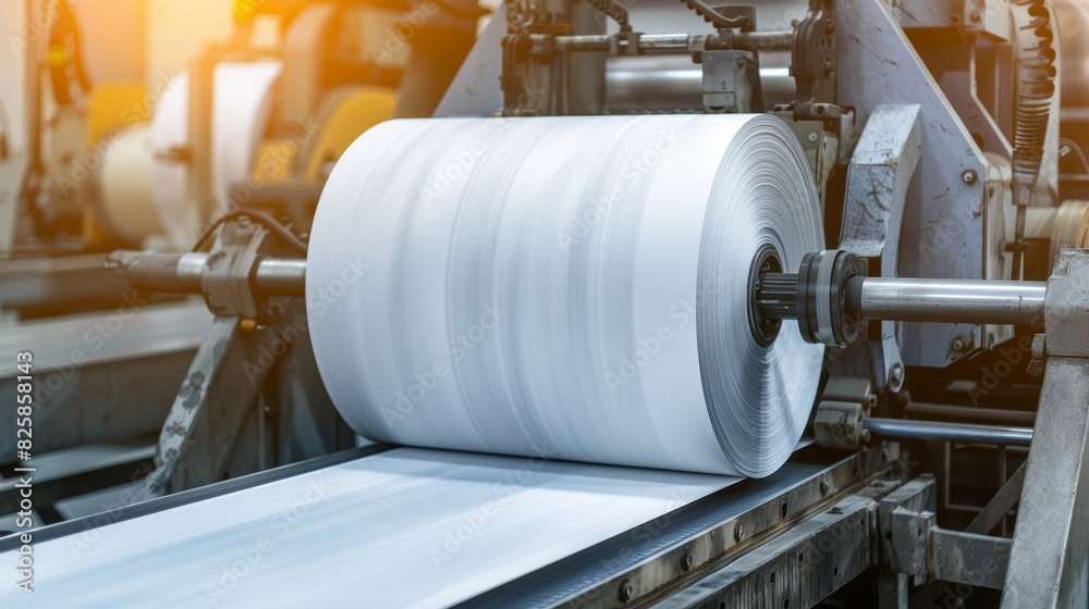 Industrial paper roll processing in a modern factory Industrial paper roll processing in a modern factory