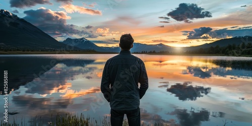 Fototapeta Naklejka Na Ścianę i Meble -  Reflective back view of an ageless man gazing at a calm lake at sunset.