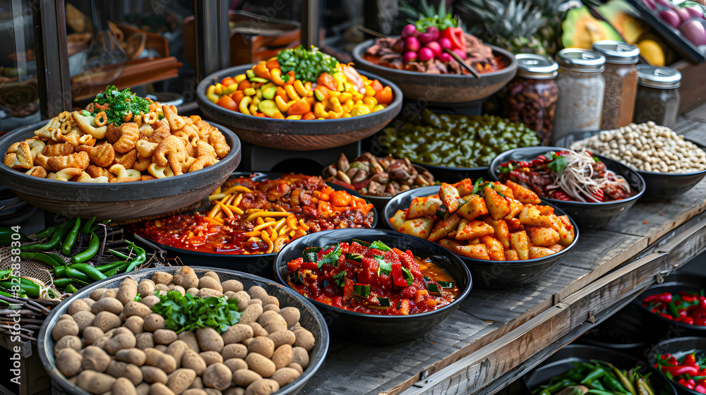 Vibrant Street Food Delight: Colorful Display Concept Featuring Variety of Tempting Street Eats in High Resolution Image to Spark Culinary Wanderlust