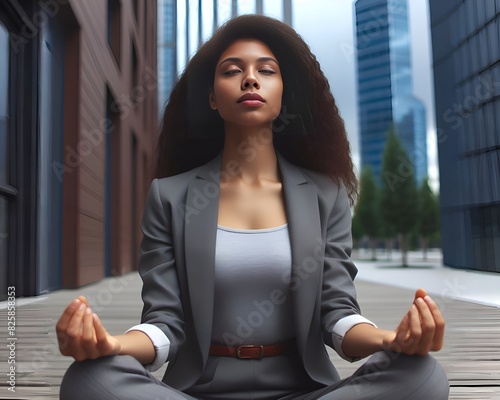 Focused Worker Meditating At Office Building, Closeup Calm Businesswoman Relaxing Alone Stressed, African American Manager Doing Yoga Exercise Outdoor, Generative AI