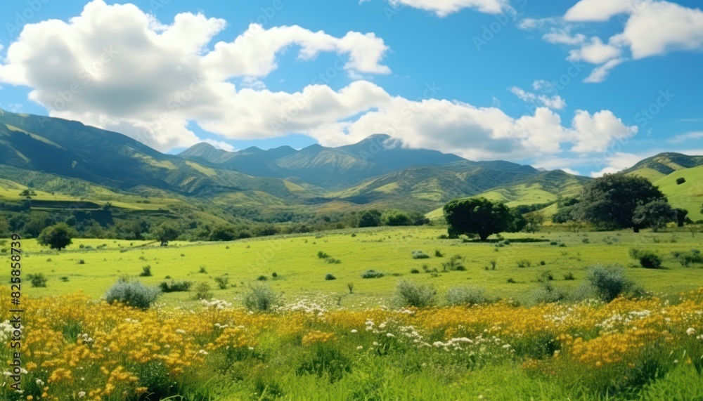 Fototapeta premium A stunning spring day landscaping views of fertile land surrounded beautiful green vegetation, wide stretches of hills and mountains with clear skies in spring