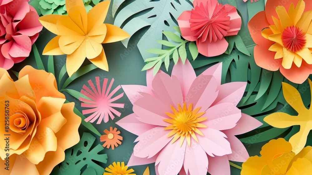 Colorful paper craft flowers and green leaves background