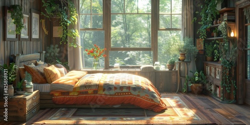 Beautiful Sunlit Bedroom Decorated with Plants and Vintage Elements, Creating a Cozy Atmosphere