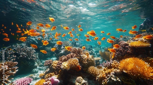 Beautiful underwater view photo with a wide angle, this coral reef is in healthy condition. The diversity is extraordinary and the marine life is abundant. Indonesian tropical waters