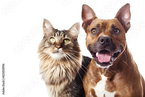 Portrait of Happy dog and cat that looking at the camera together, transparent background, png © Borneo