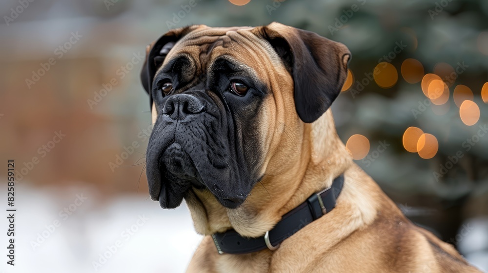  A tight shot of a dog in front of a Christmas tree, lights illuminating the background Bokeh of blurred tree lights behind it