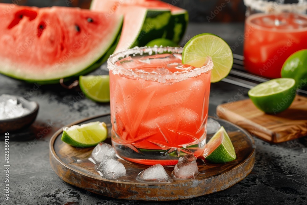 Refreshing watermelon cocktail with lime garnish on rustic table Refreshing watermelon cocktail with lime garnish on rustic table