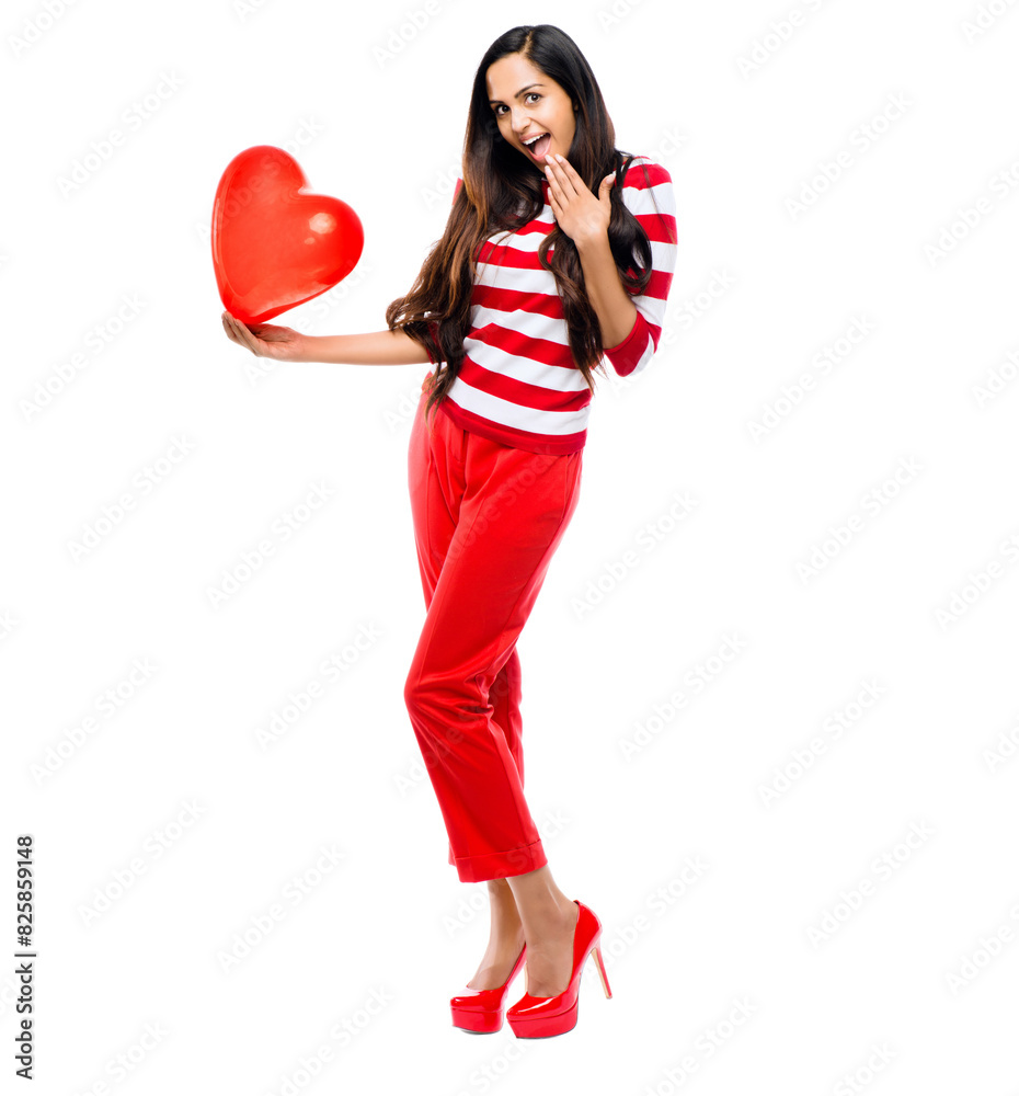 Happy woman, portrait and surprise with heart shape balloon for valentines day on a white studio background. Excited female person, young cupid or smile with red emoji in love, romance or anniversary Happy woman, portrait and surprise with heart shape balloon for valentines day on a white studio background. Excited female person, young cupid or smile with red emoji in love, romance or anniversary